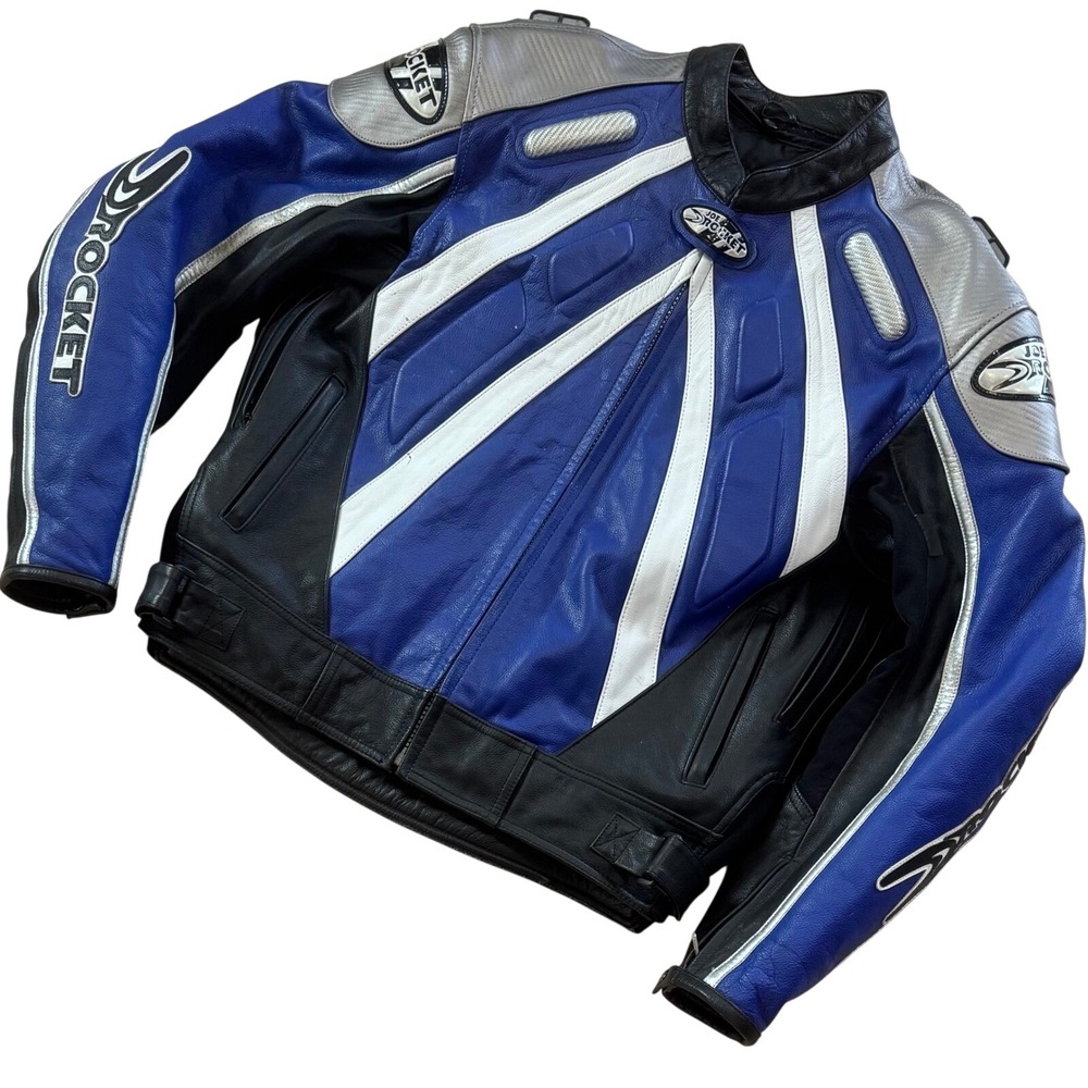 Joe Rocket Blue Leather Motorcycle Jacket Y2K Racing Moto Biker Streetwear XL 48